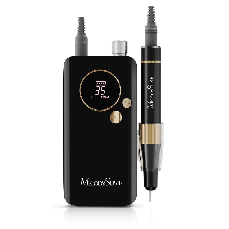 Zwarte MelodySusie SM200F nagelfrees met gouden accenten, los handstuk en verlicht display