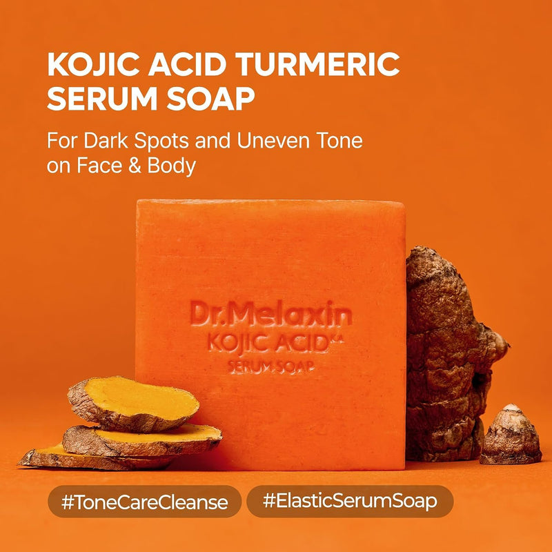Dr. Melaxin Kojic Acid Turmeric Serum Soap, zeep voor gezicht en lichaam tegen donkere vlekken en oneffen teint.