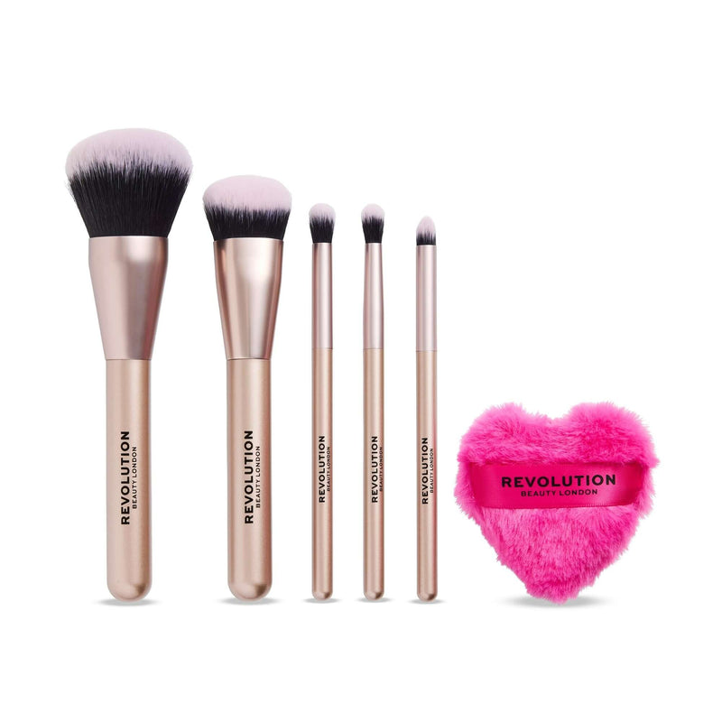 Revolution Candy Glam Brush Set, make-up kwastenset met 5 roze kwasten en poederdons