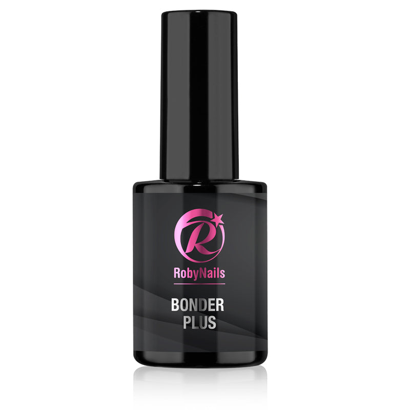 Flesje RobyNails Bonder Plus, zwart glas met hoge zwarte dop en roze logo