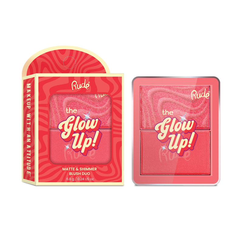 Rude Cosmetics The Glow Up! Matte & Shimmer Blush Duo Blazing Red, blush duo met matte en shimmer finish.