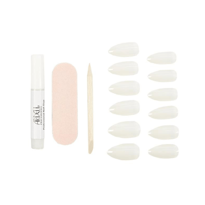 Ardell Nail Addict Press-on Nails Natural Stiletto, de set met lijm, vijl en manicure stick