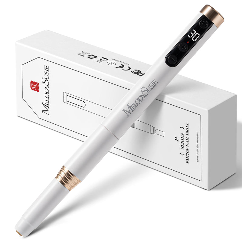 Witte MelodySusie PM170F nagelfrees in penvorm, schuin voor de verpakking, met verlicht display