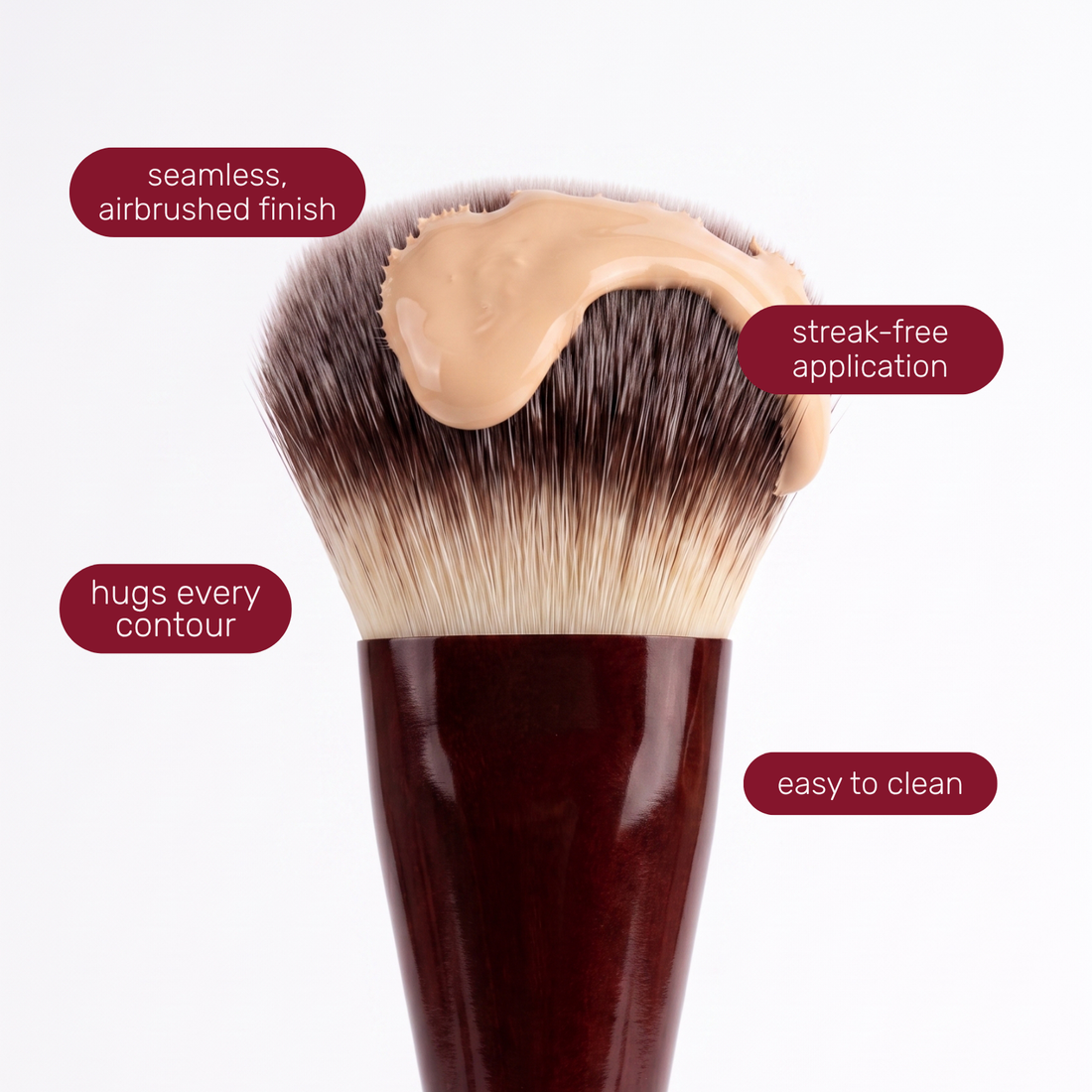 Brush head of the Boozyshop Flawless Contoured Foundation Brush with text labels about how to use it