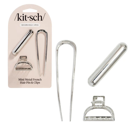 Kitsch Mini Metal French Hair Pin & Clips Set Silver