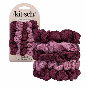 Ruched Lace Scrunchies Set Cherry Lacquer & Dusty Pink