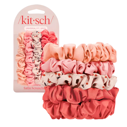Kitsch Ruched Satin Scrunchies 5pc Set Assorted Cherry Blossom