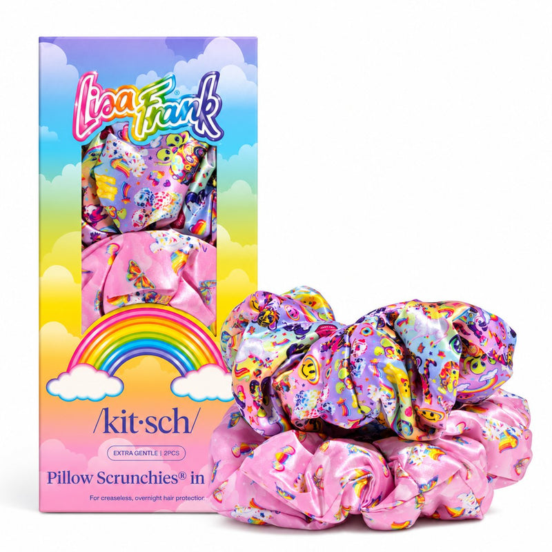 Kitsch X Lisa Frank Satin Scrunchies in Fantastic World, set van twee oversized satijnen scrunchies