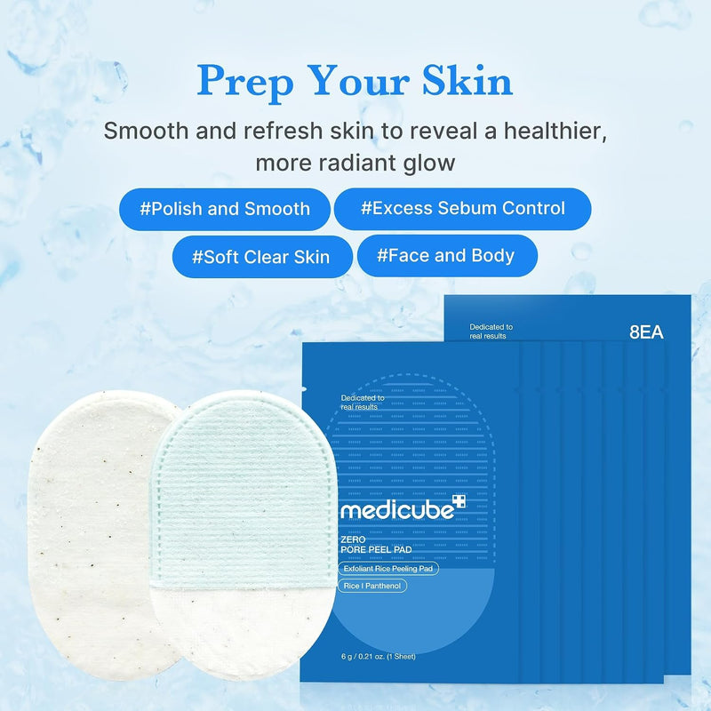 Medicube Zero Pore Peel Pad, exfolierende peeling pads met rijstextract en AHA voor gezicht en lichaam.