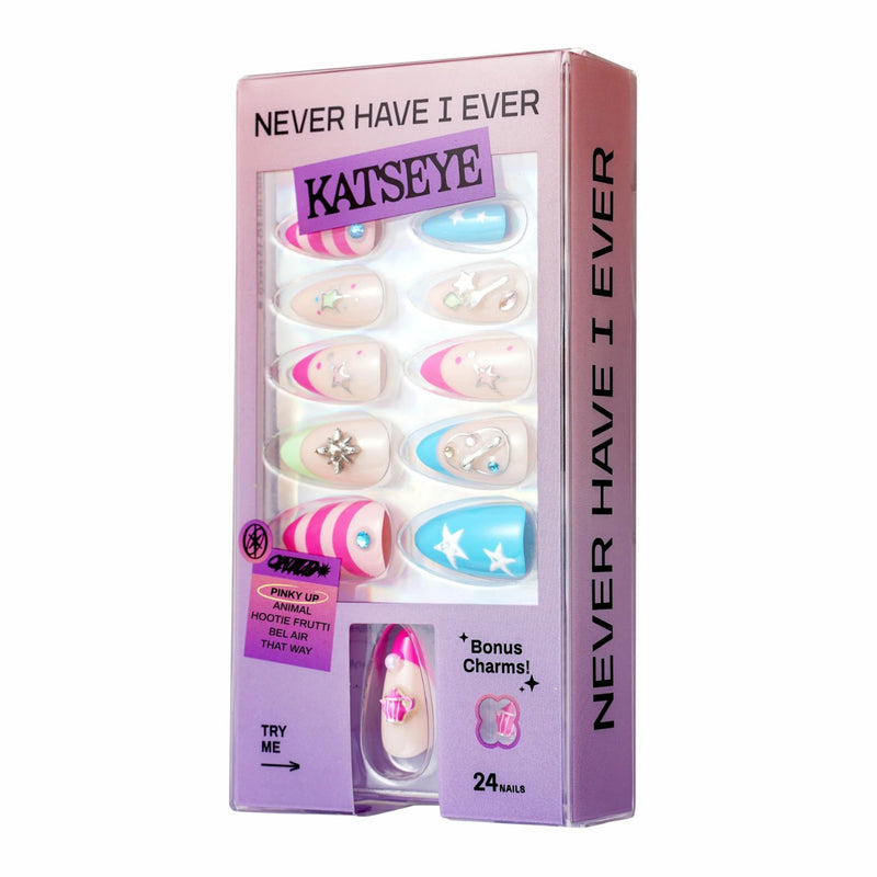Never Have I Ever Press-on Nails Katseye Pinky Up, herbruikbare press-on nagels met roze swirls.