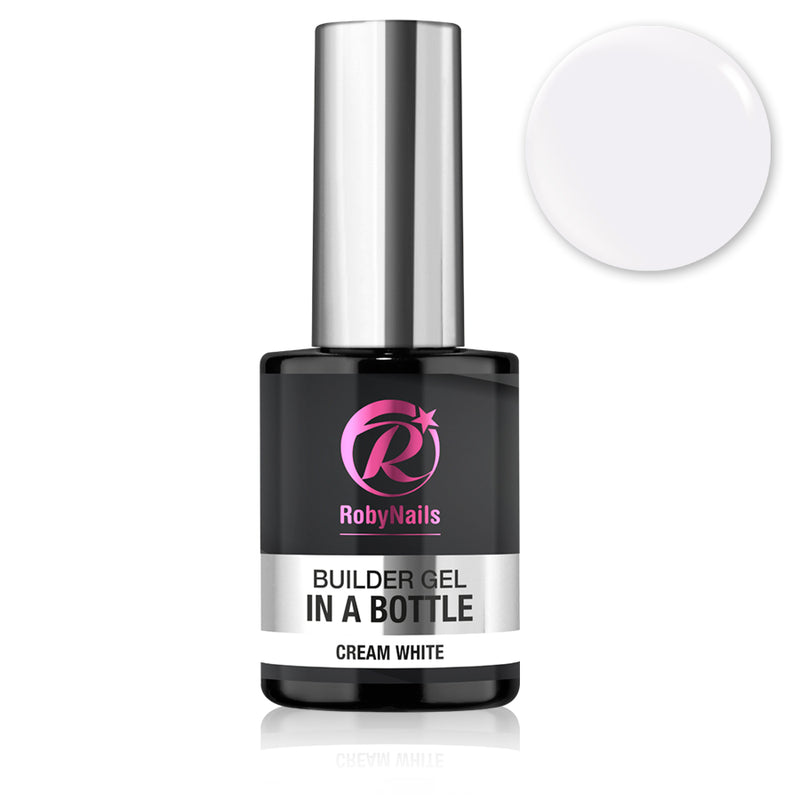 Flesje RobyNails Builder Gel In A Bottle Cream White met zilveren dop en gebroken witte kleurdruppel