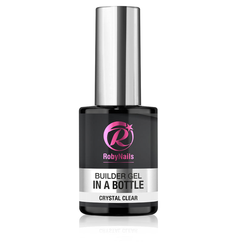 Flesje RobyNails Builder Gel In A Bottle Crystal Clear, zwart flesje met zilveren dop