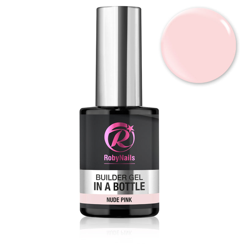 Flesje RobyNails Builder Gel In A Bottle Nude Pink met zilveren dop en zachtroze kleurdruppel