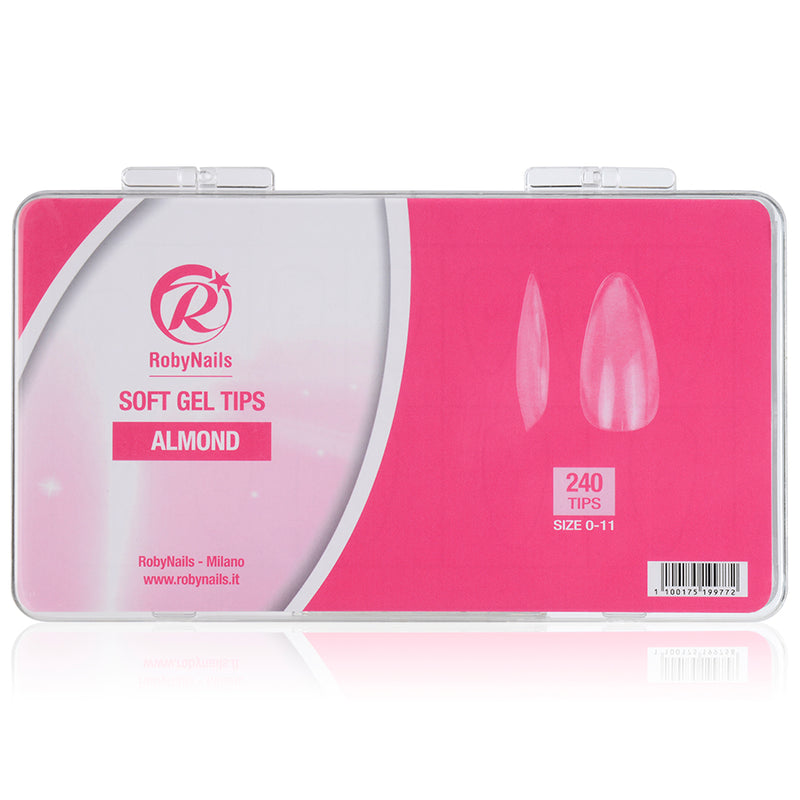Roze met witte doos Soft Gel Tips Almond met twee amandelvormige tips op de voorkant
