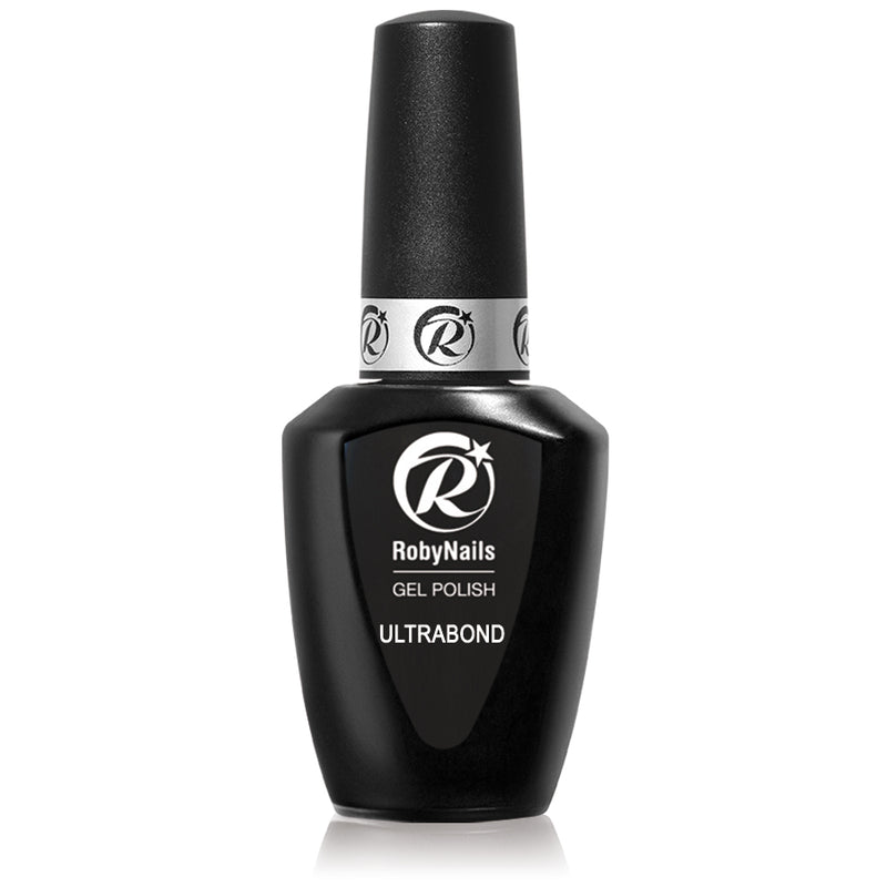 Flesje RobyNails Ultrabond Gel Polish, zwart met zilveren sierring en zwarte dop