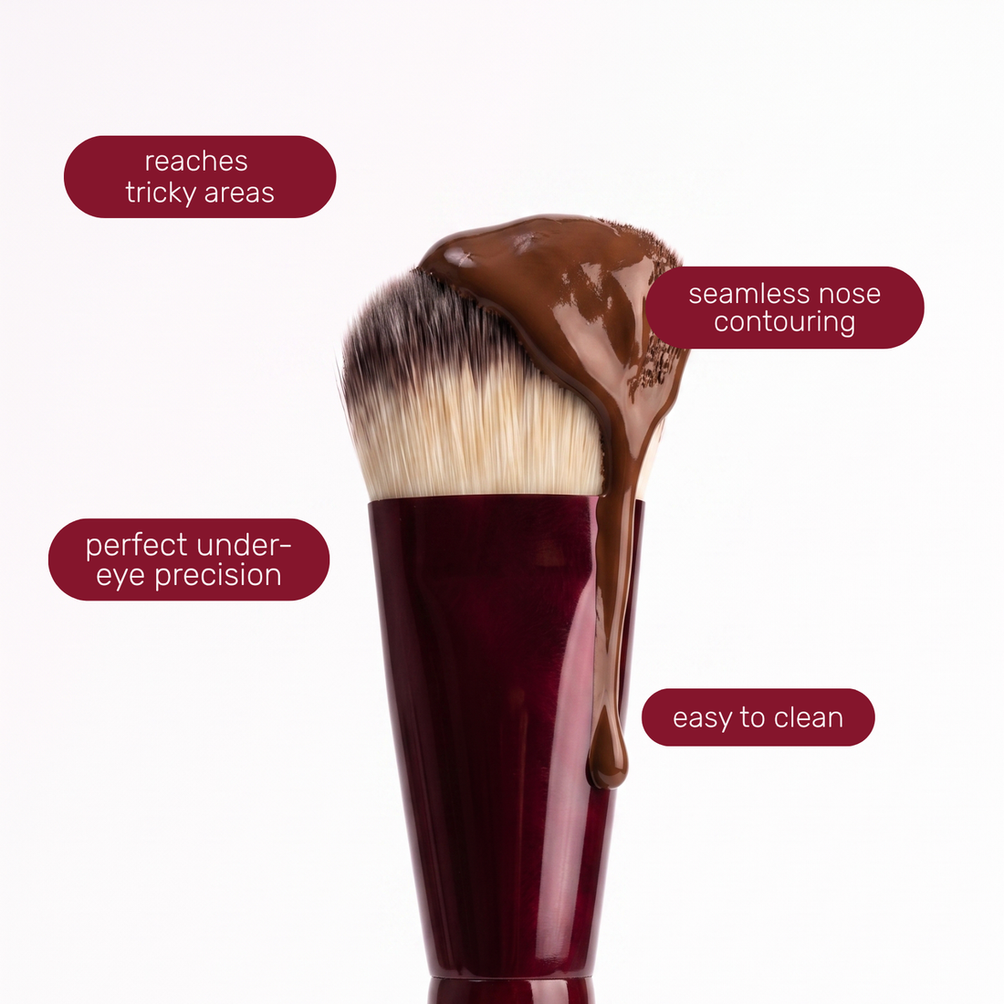 Brush head of the Boozyshop Flawless Small Contoured Foundation Brush with text labels about how to use it