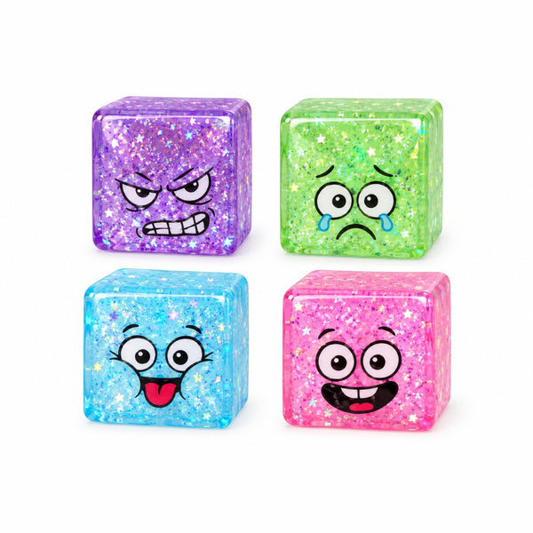Squishy Mystery Sugar Glitter Cube Smiley Squishy, kubusvormige stressbal met glitter en smiley
